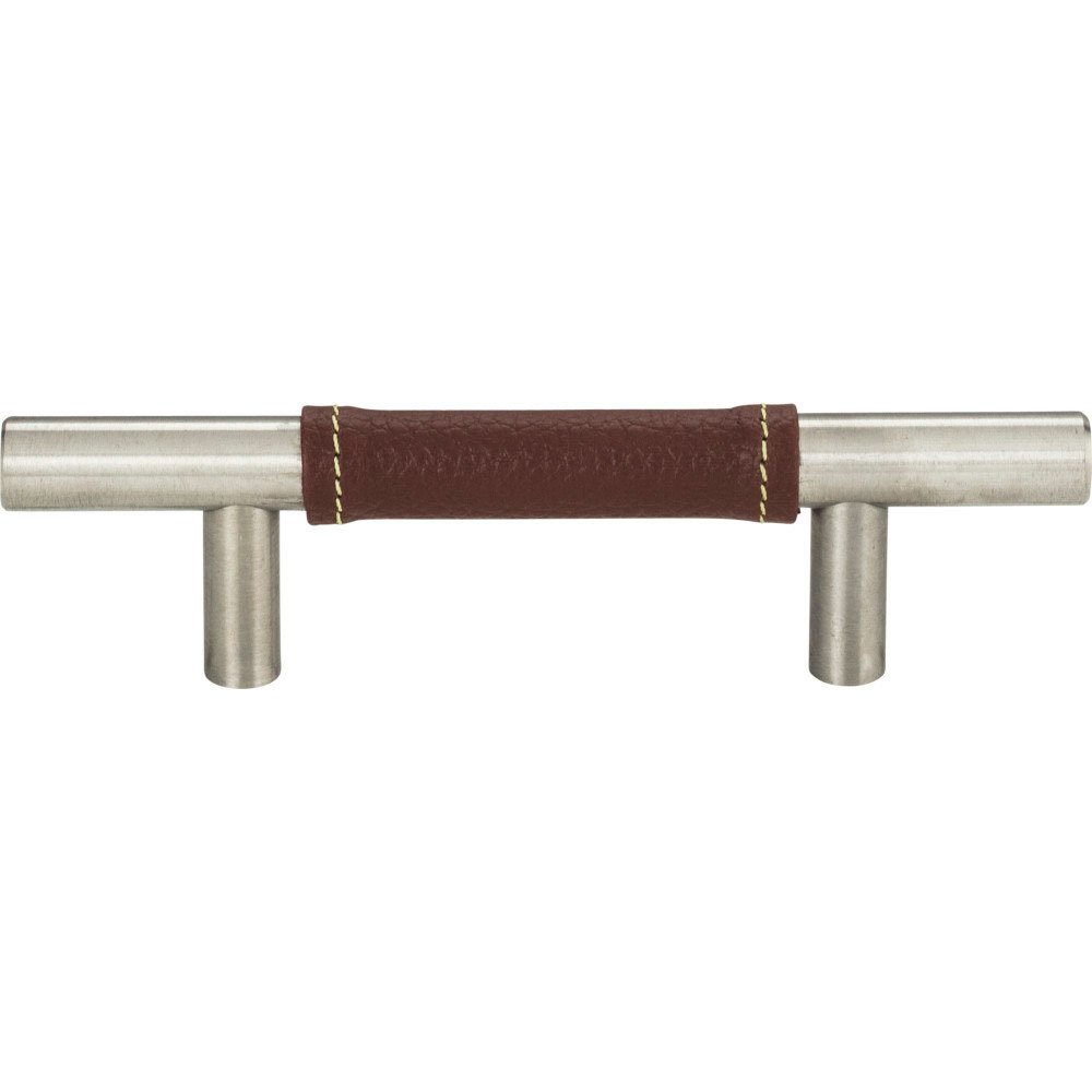 3" Centers European Bar Pull in Brown Leather and Stainless Steel