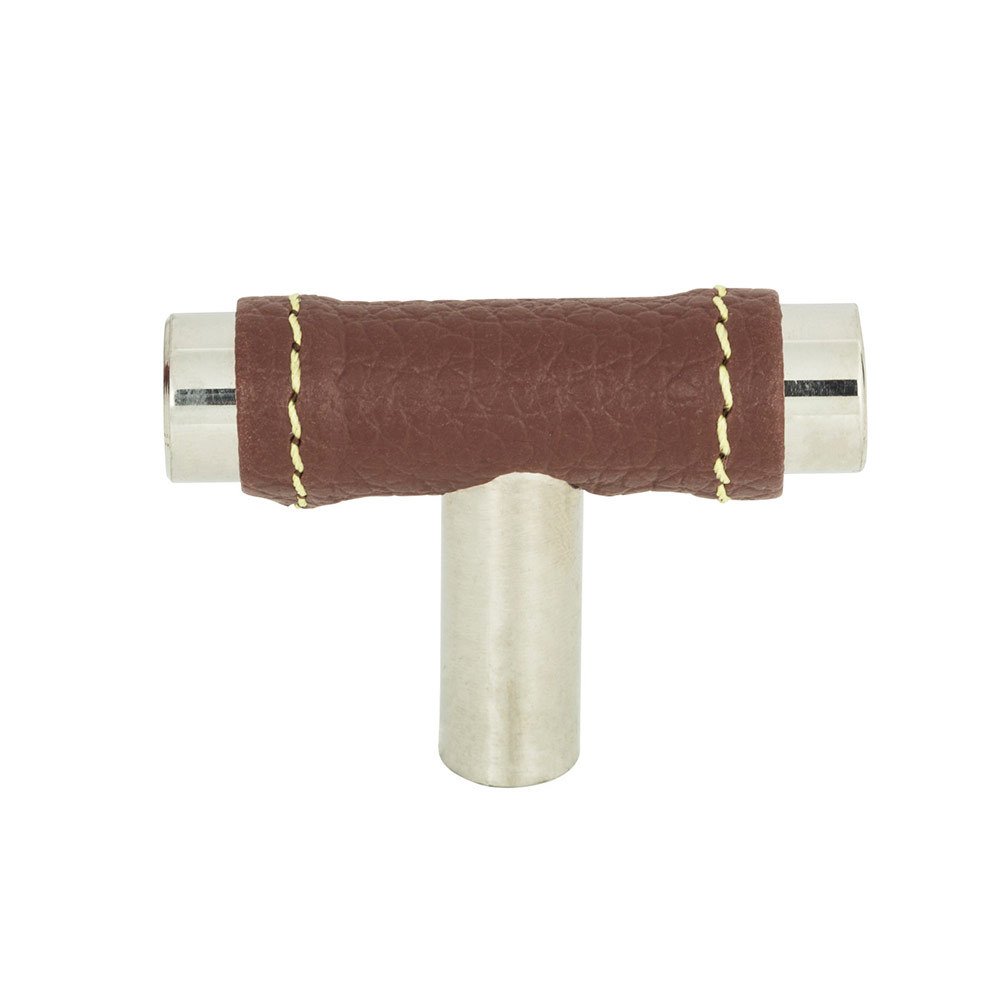 T Knob in Brown Leather and Polished Chrome