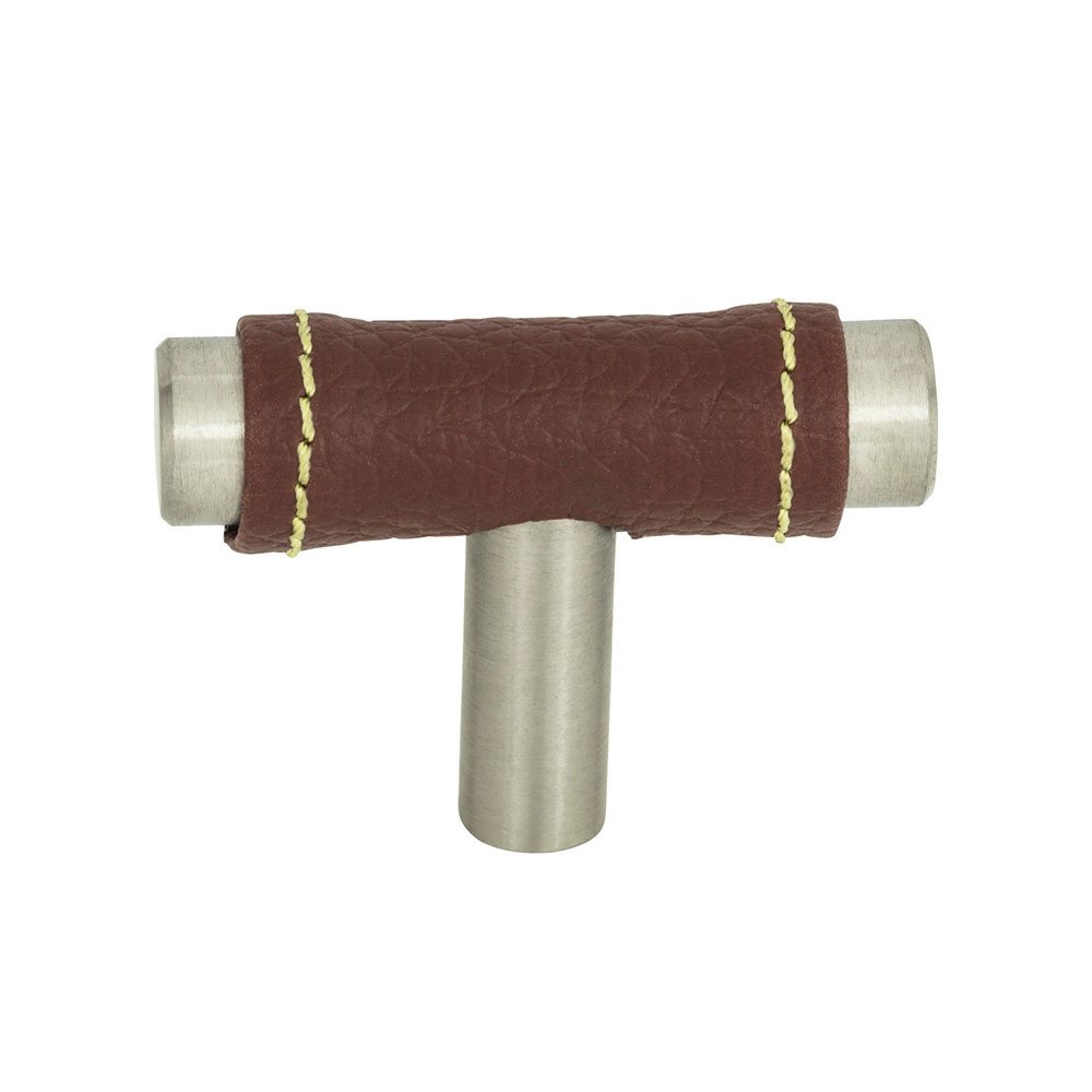 T Knob in Brown Leather and Stainless Steel