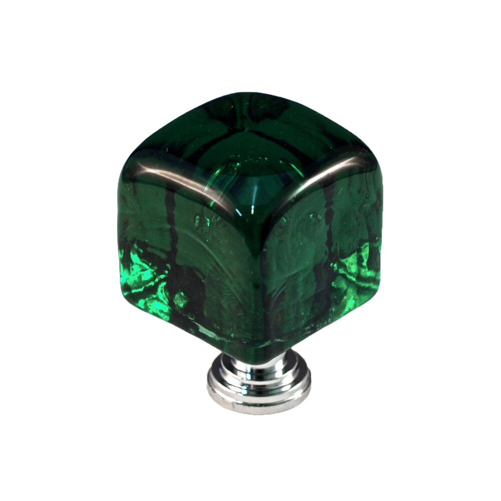 Large Colored Cube in Green Glass with Polished Chrome Base