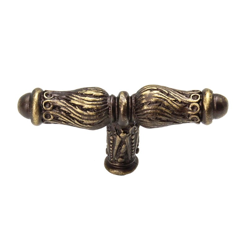 "T" Shaped Knob with Feather Scroll in Antique Brass