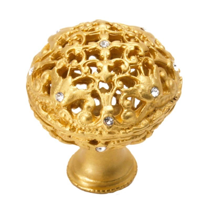 1 1/2" Diameter Large Knob Full Round with 17 Swarovski Elements in Satin Gold with Crystal