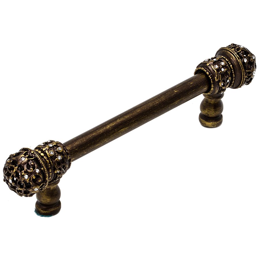6" Centers 1/2" Smooth Bar pull with Small Finials in Antique Brass & Aurora Borealis Swarovski Elements