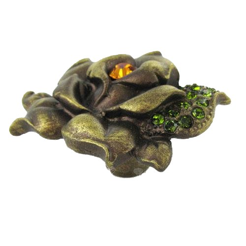 Large Rose Knob w/ Swarovski Crystal Accents in Antique Brass with Violet and Peridot Crystal
