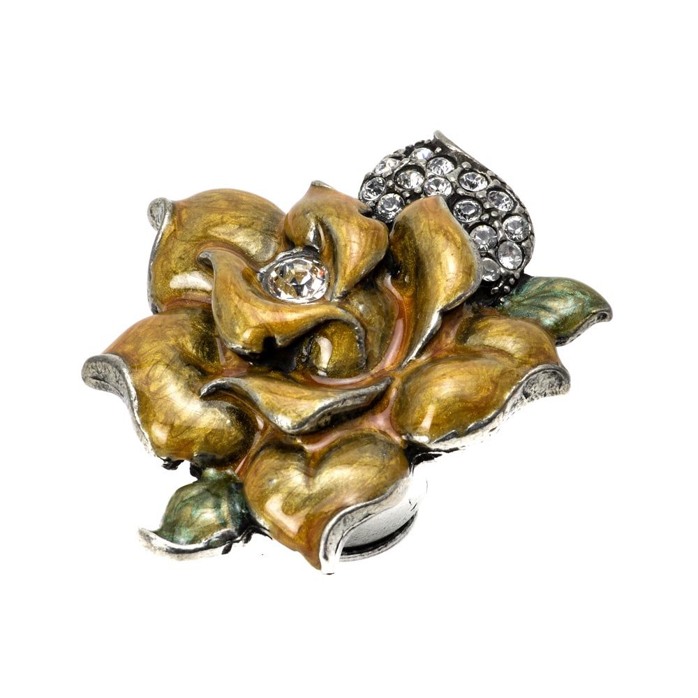Large Rose Knob W/ Swarovski Clear Crystals & Golden Bliss Glaze in Antique Brass with Aquamarine