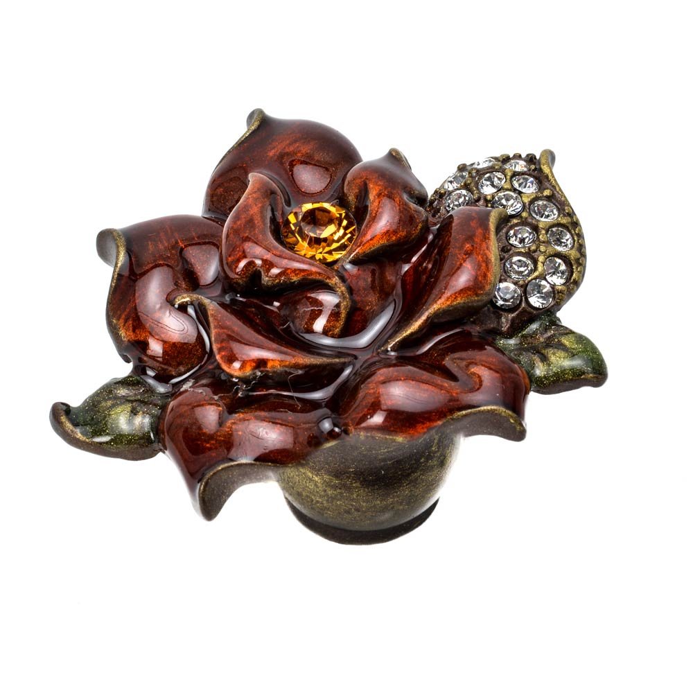Large Rose Knob W/ Swarovski Topaz/Clear Crystals & Amber Glaze in Satin with Vitrail Light