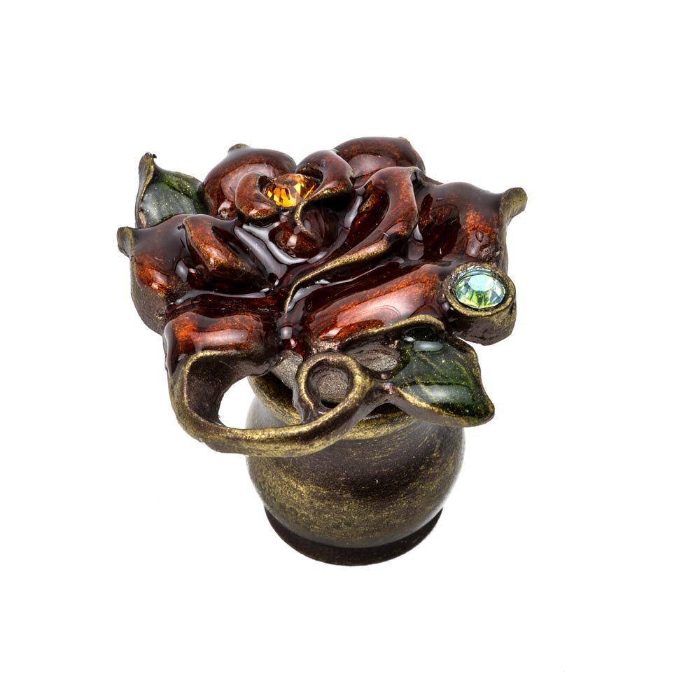 Rose & Leaf Knob W/ Swarovski Topaz/Clear Crystals & Amber Glaze in Antique Brass with Aquamarine