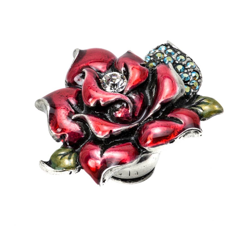 Large Rose Knob W/ Swarovski Clear Crystals & Ruby Red Glaze in Antique Brass with Aurora Borealis