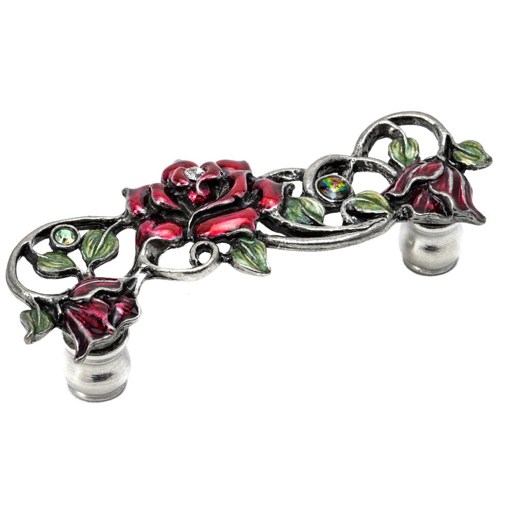 Rose 3" Centers Pull W/ Swarovski Clear Crystals & Ruby Red Glaze in Satin with Aquamarine