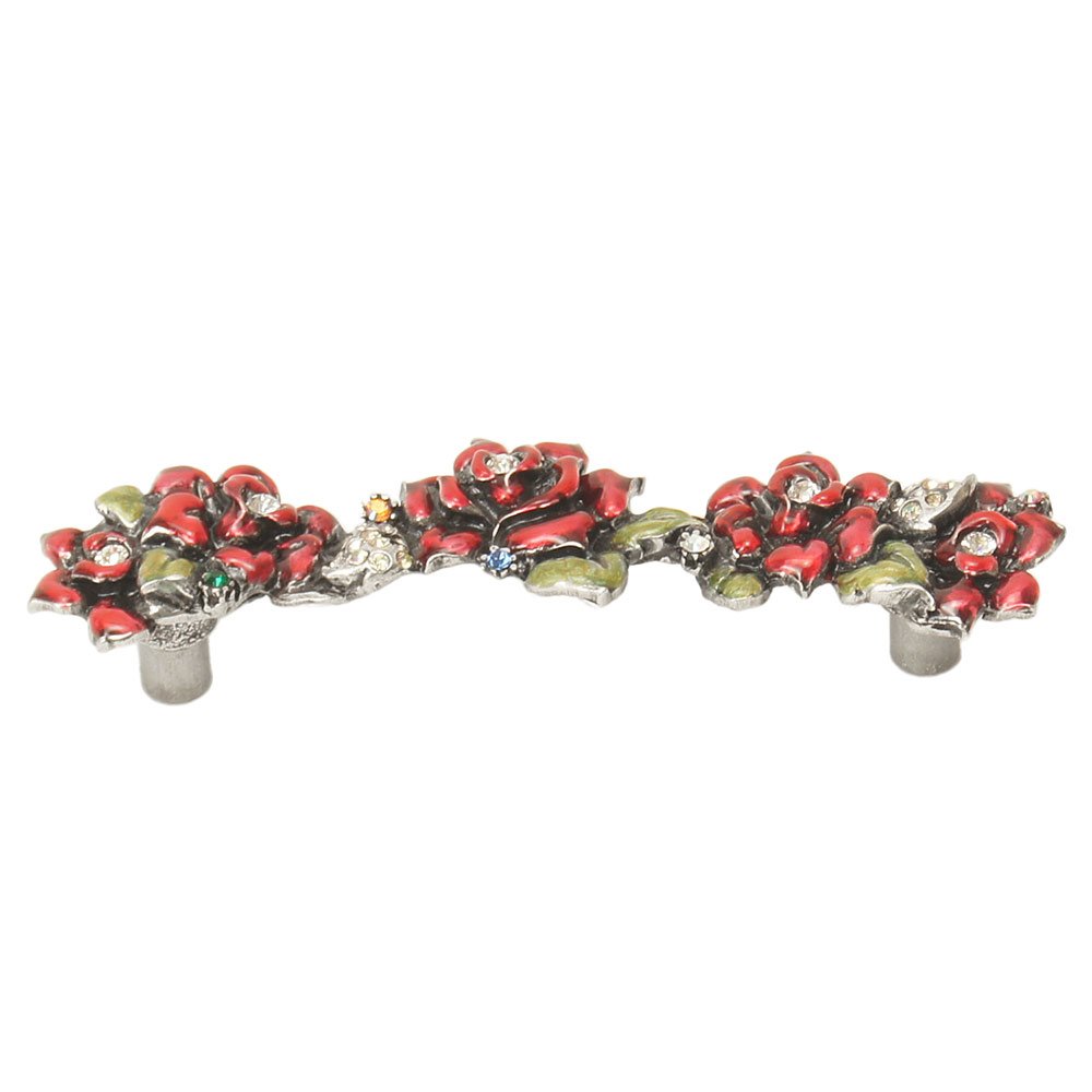 Rose 4" Centers Pull W/ Swarovski Clear Crystals & Ruby Red Glaze in Satin Gold with Aurora Borealis