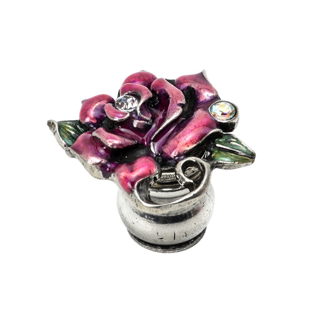 Rose & Leaf Knob W/ Swarovski Clear Crystals/Ab & Pink Blush Glaze in Antique Brass with Aquamarine