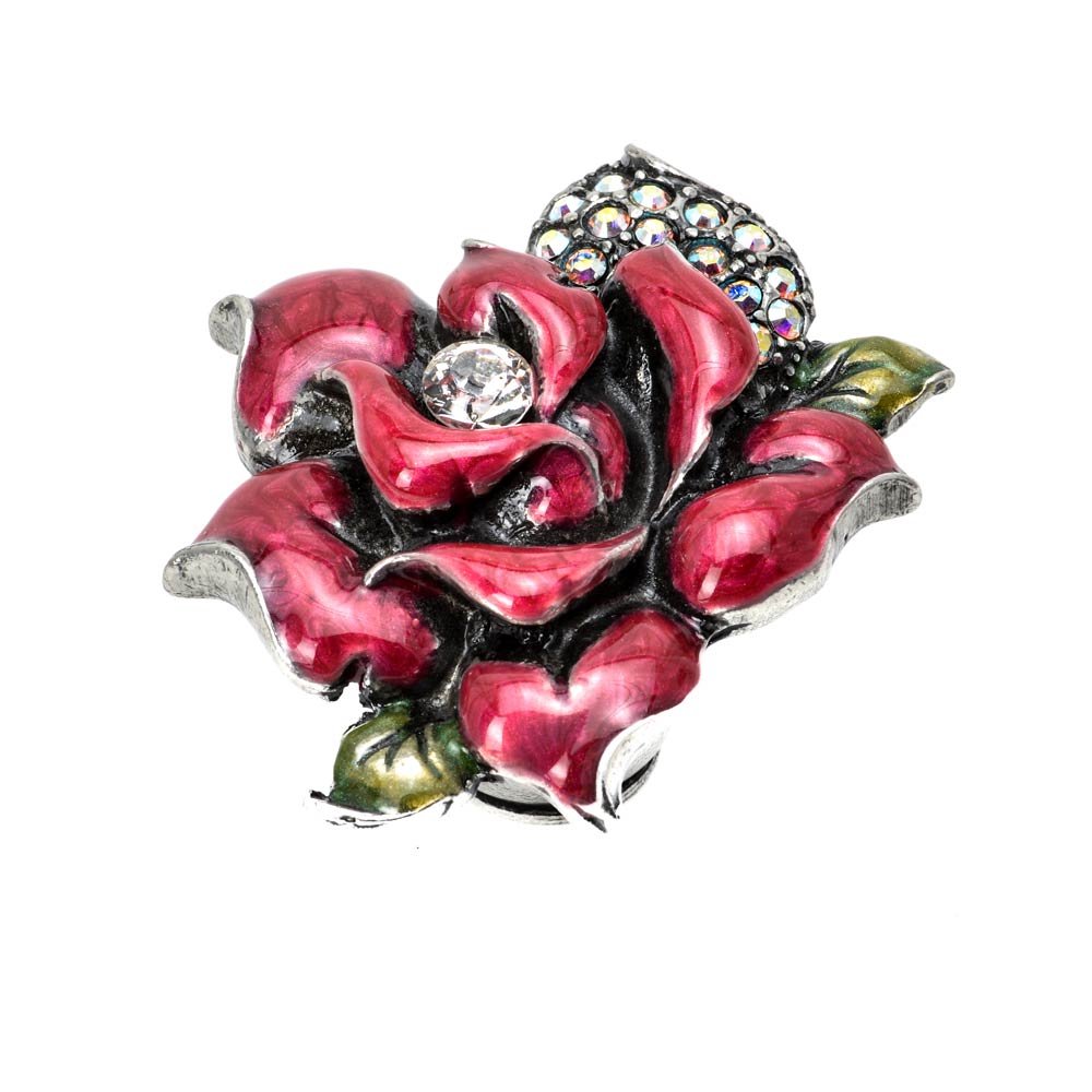Large Rose Knob With Swarovski Crystals & Raspberry Glaze in Antique Brass with Aurora Borealis