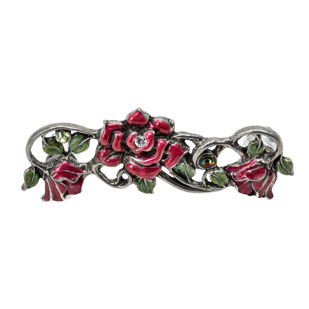 Rose 3" Centers Pull With Swarovski Crystals & Raspberry Glaze in Antique Brass with Aurora Borealis
