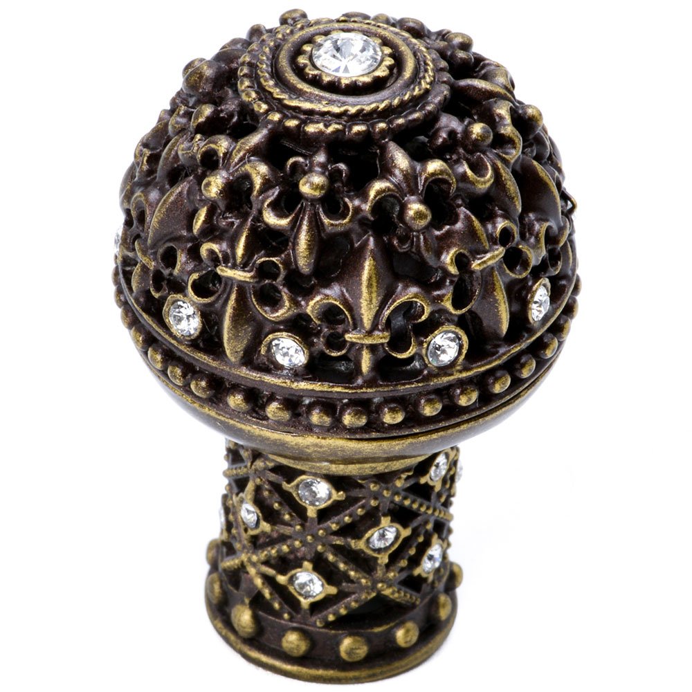 Large Round Knob Fleur De Lys Open Basket Decorative Column Foot With Swarovski Crystals in Oil Rubbed Bronze with Aurora Borealis