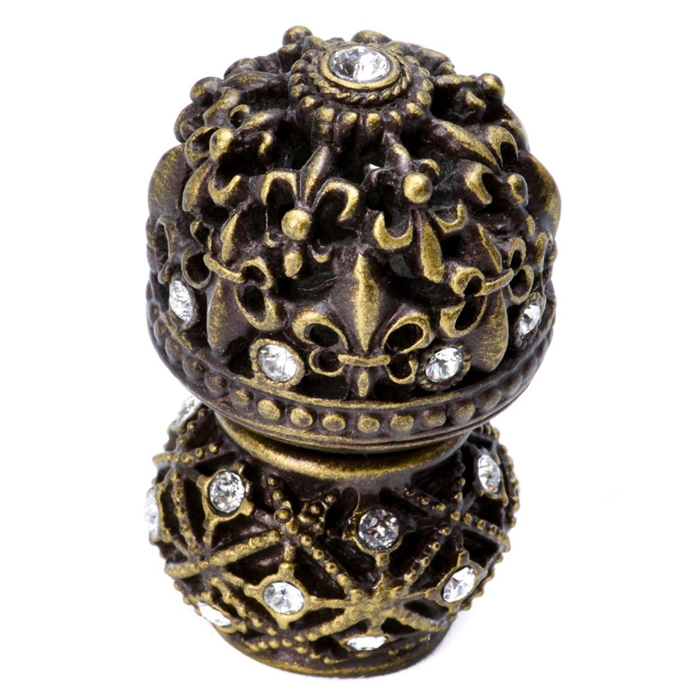 Medium Round Knob Fleur De Lys Open Basket Decorative Spherical Foot With Swarovski Crystals in Antique Brass with Aurora Borealis