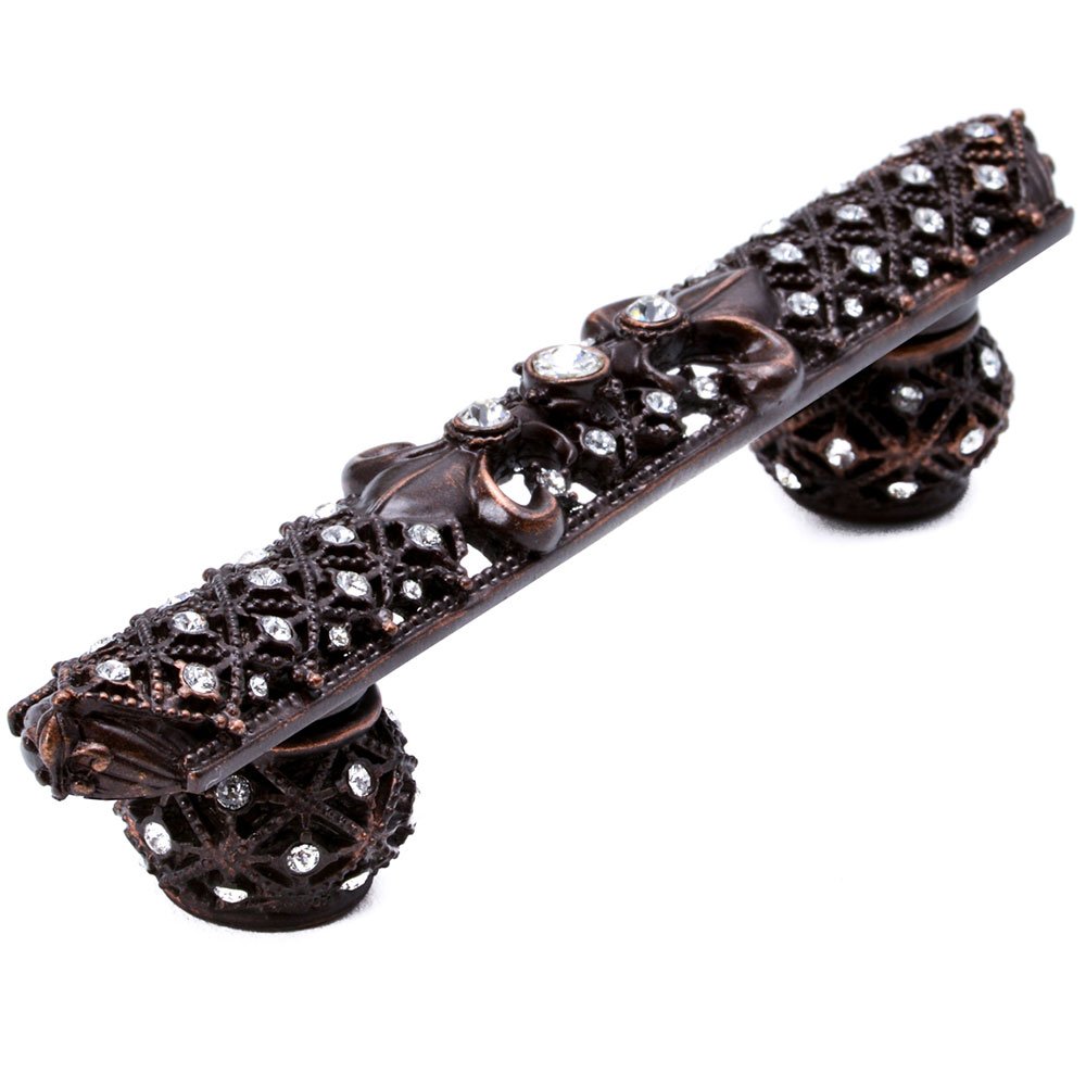 3" Centers Small Pull Fleur De Lys With Swarovski Crystals And Decorative Spherical Feet in Bronze with Crystal