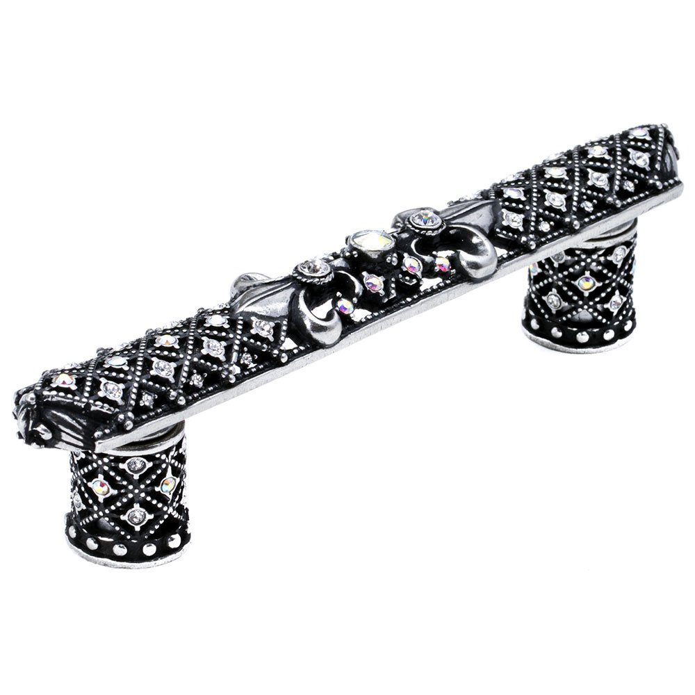 4" Centers Small Pull Fleur De Lys With Swarovski Crystals And Decorative Column Feet in Platinum with Crystal