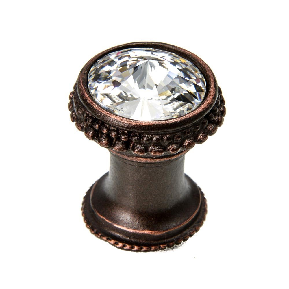 15/16" Diameter Knob With Swarovski Crystal in Antique Brass with Aurora Boreal Crystal