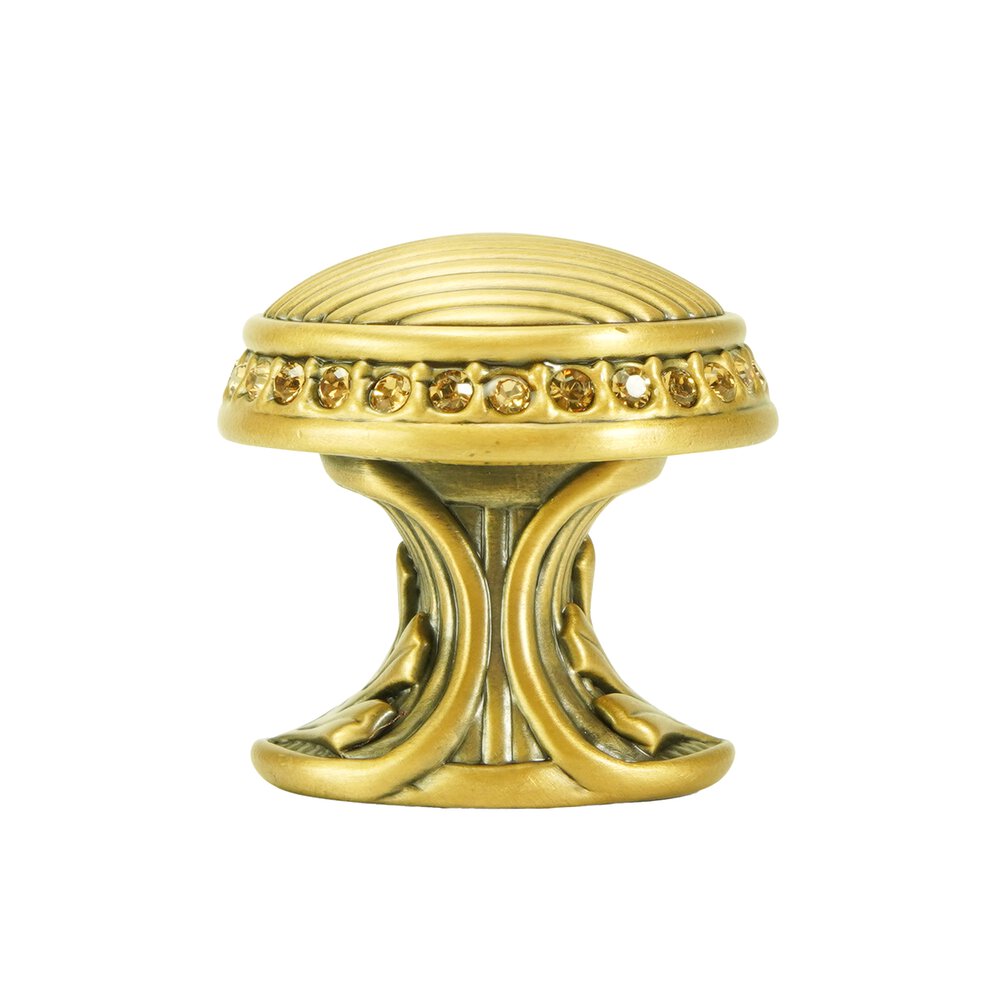 1 1/8" Diameter Round Knob With Light Smoke Topaz Crystal in Museum Gold