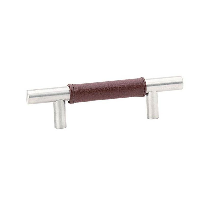 3 1/2" Centers Brown Leather Bar Pull in Satin Stainless Steel
