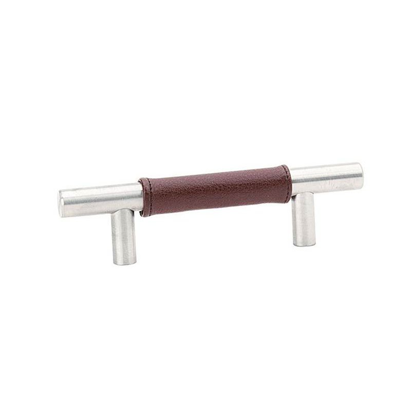 12" Centers Brown Leather Bar Pull in Satin Stainless Steel