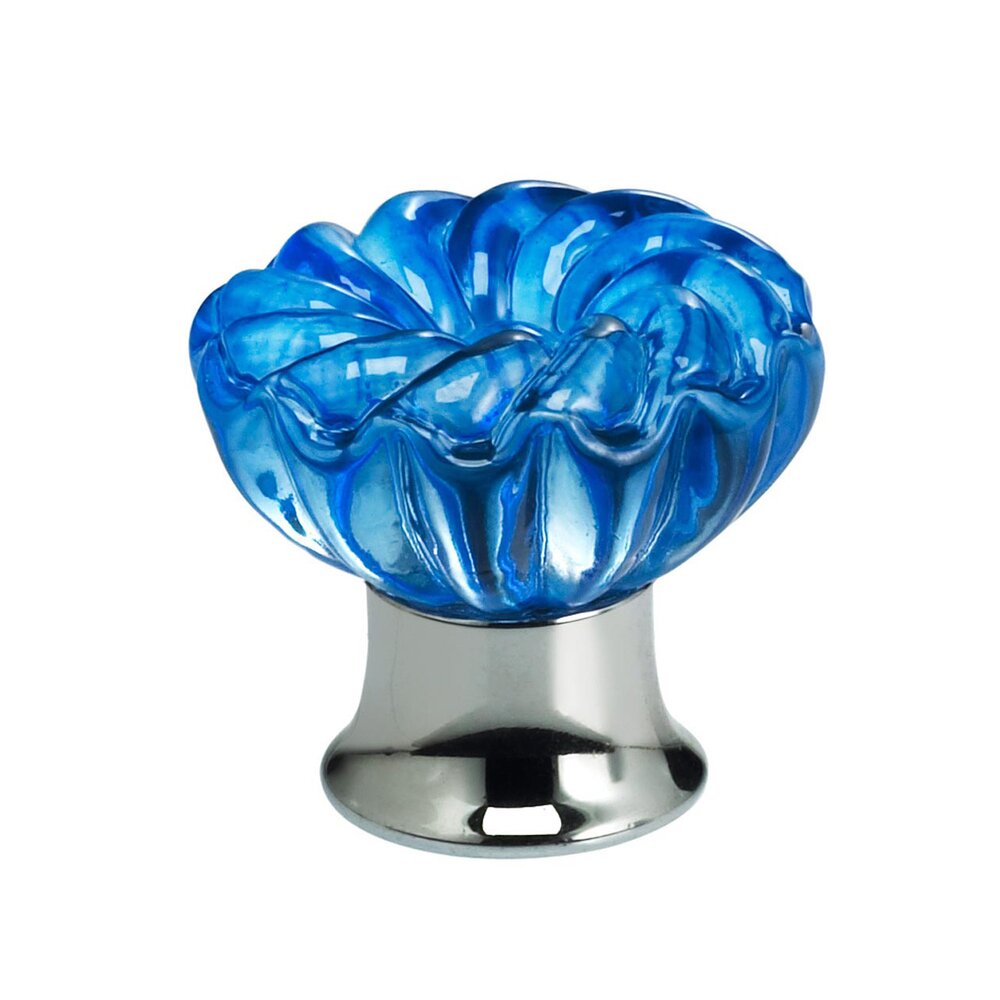 40mm Clear Azure Colored Glass Flower Knob with Polished Chrome Base