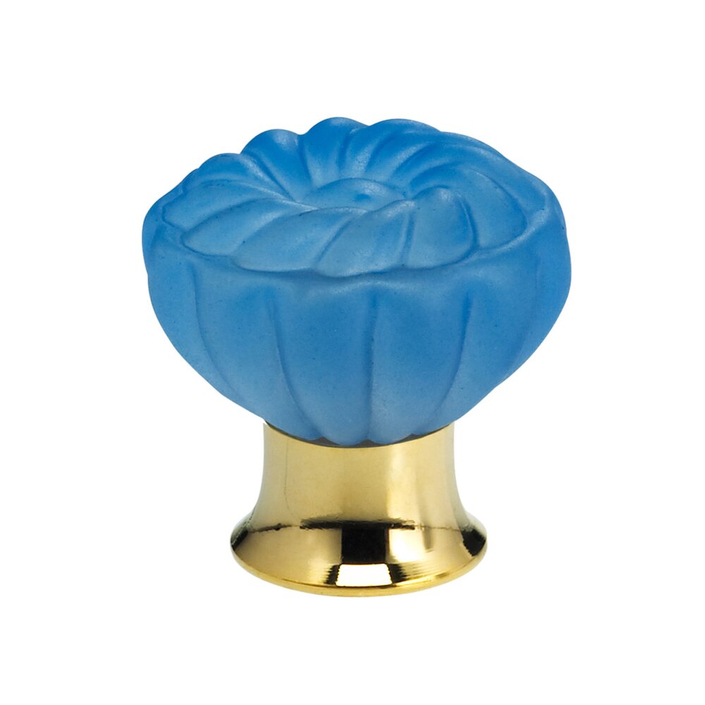40mm Frosted Azure Colored Glass Flower Knob with Polished Brass Base