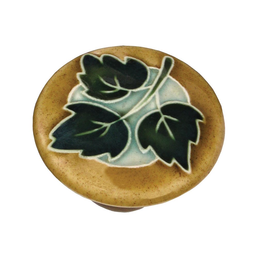 2" Large Round Brown With 3 Green Leaves Knob in Porcelain
