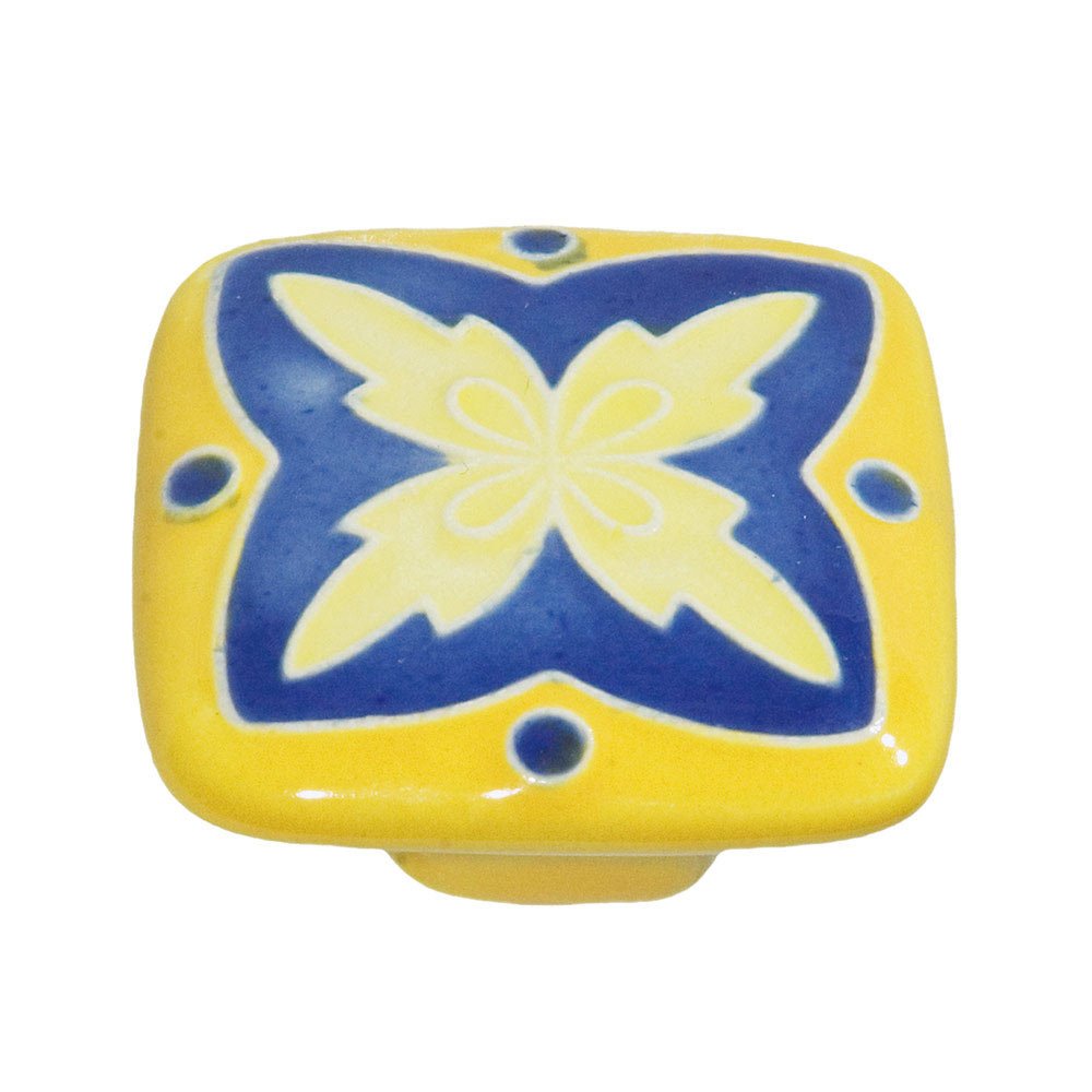 2" Large Square Yellow & Blue "X" Design Knob in Porcelain