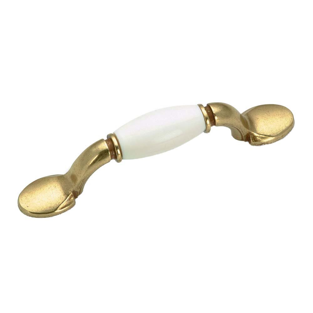 3" Centers Ceramic Inlayed Bow Pull in Burnished Brass and White