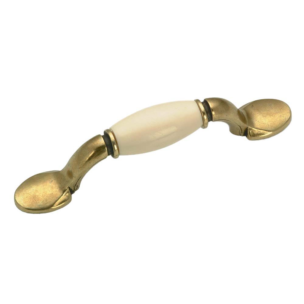 Ceramic 3" Centers Ceramic Inlayed Bow Pull in Burnished Brass and Almond