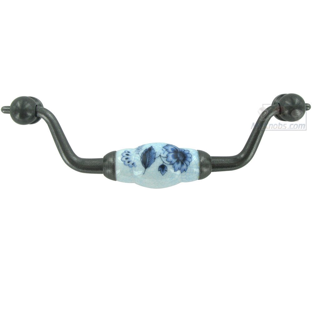 Porcelain and Forged Iron 4 3/4" Centers Drop Pull in Crackle Periwinkle Blue and Natural Iron