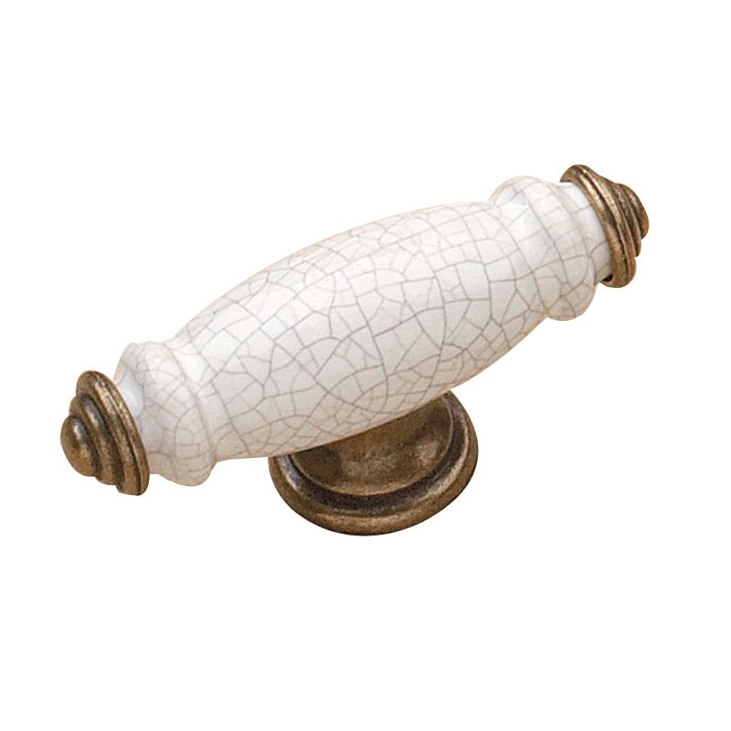 Ceramic 3" Long T Knob in Burnished Brass and Crackle White