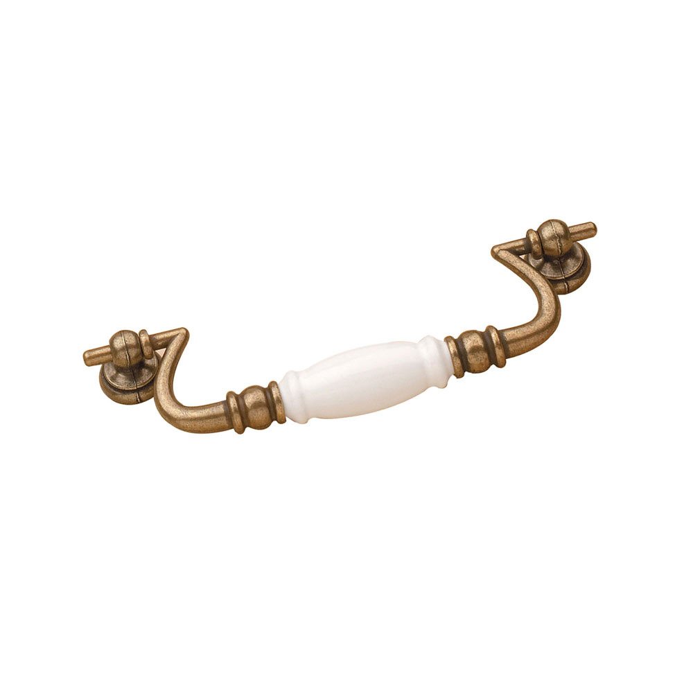 6 1/4" Centers Beaded Bail Pull with Ceramic Insert in Burnished Brass and White