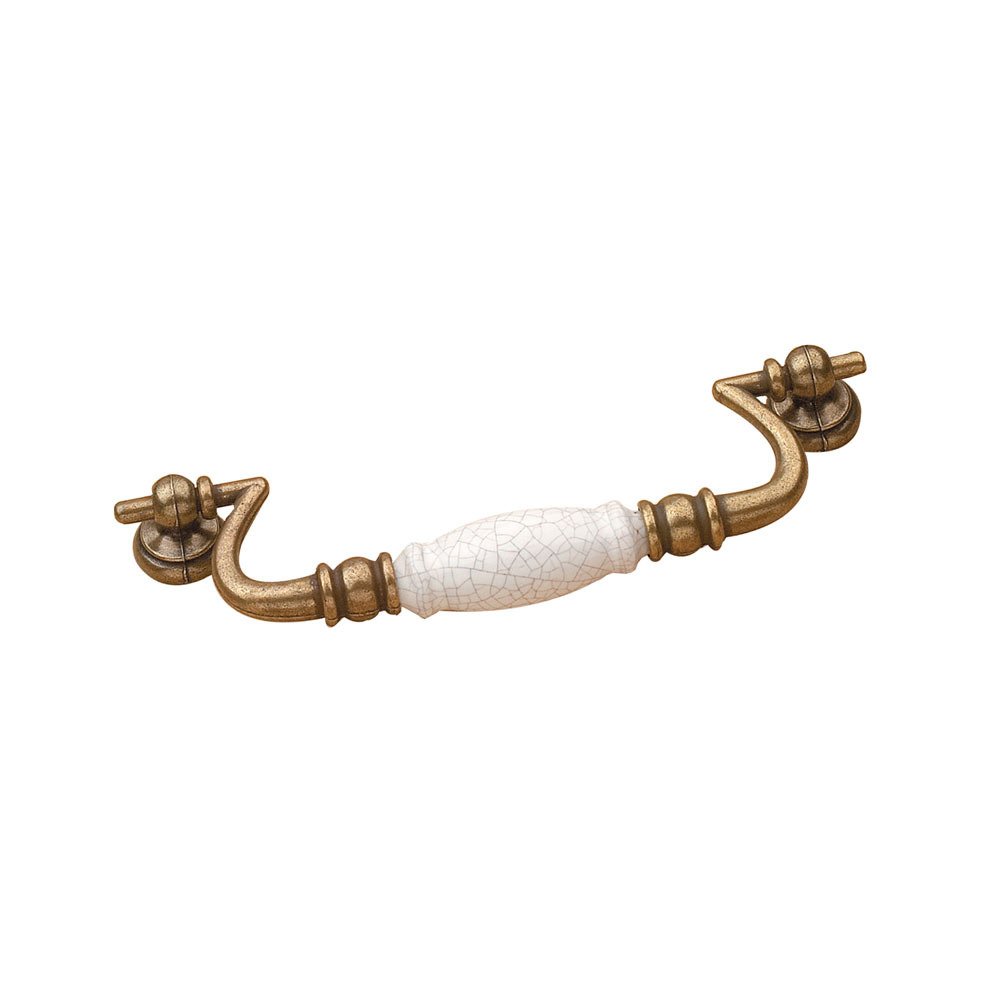 6 1/4" Centers Beaded Bail Pull with Ceramic Insert in Burnished Brass and Crackle White