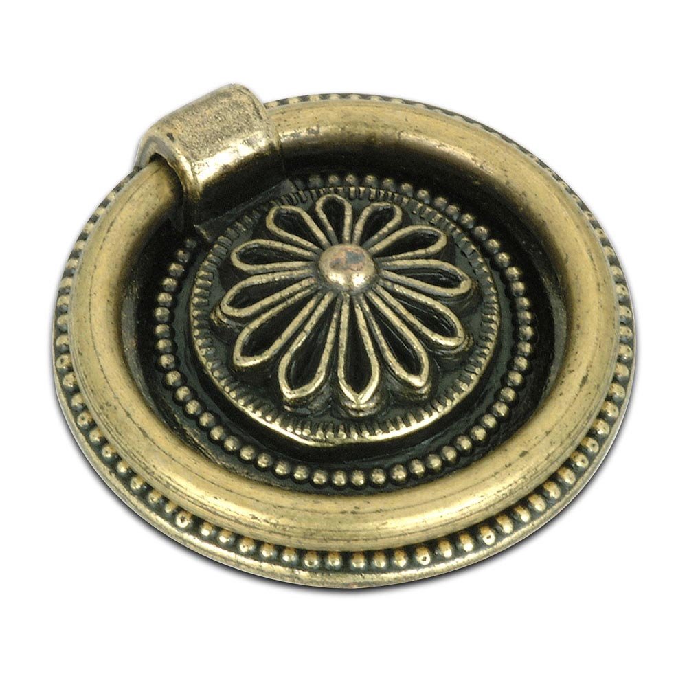 1 1/2" Diameter Ring Pull with Floral Embossed Backplate in Antique English