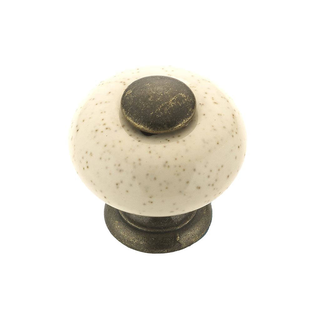 Ceramic 1" Diameter Button Knob in Oatmeal and Burnished Brass