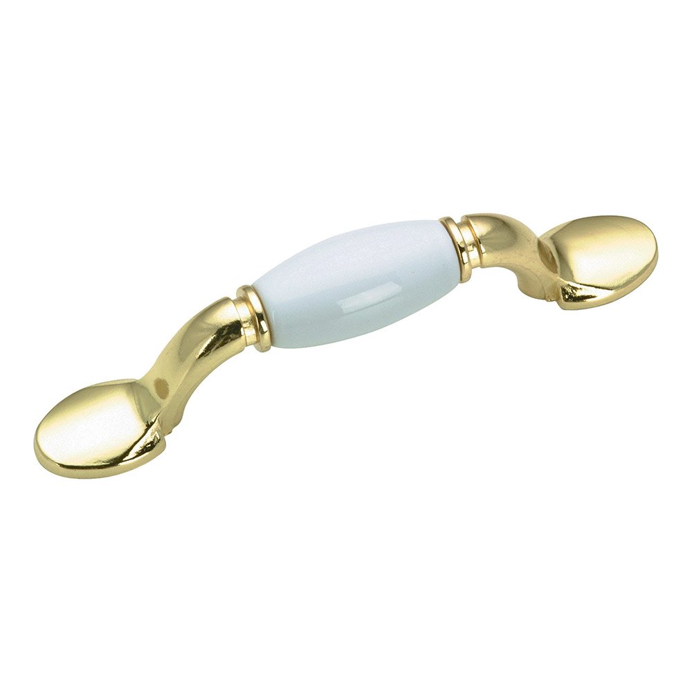3" Centers Bow Pull with Ceramic Insert in Brass and White