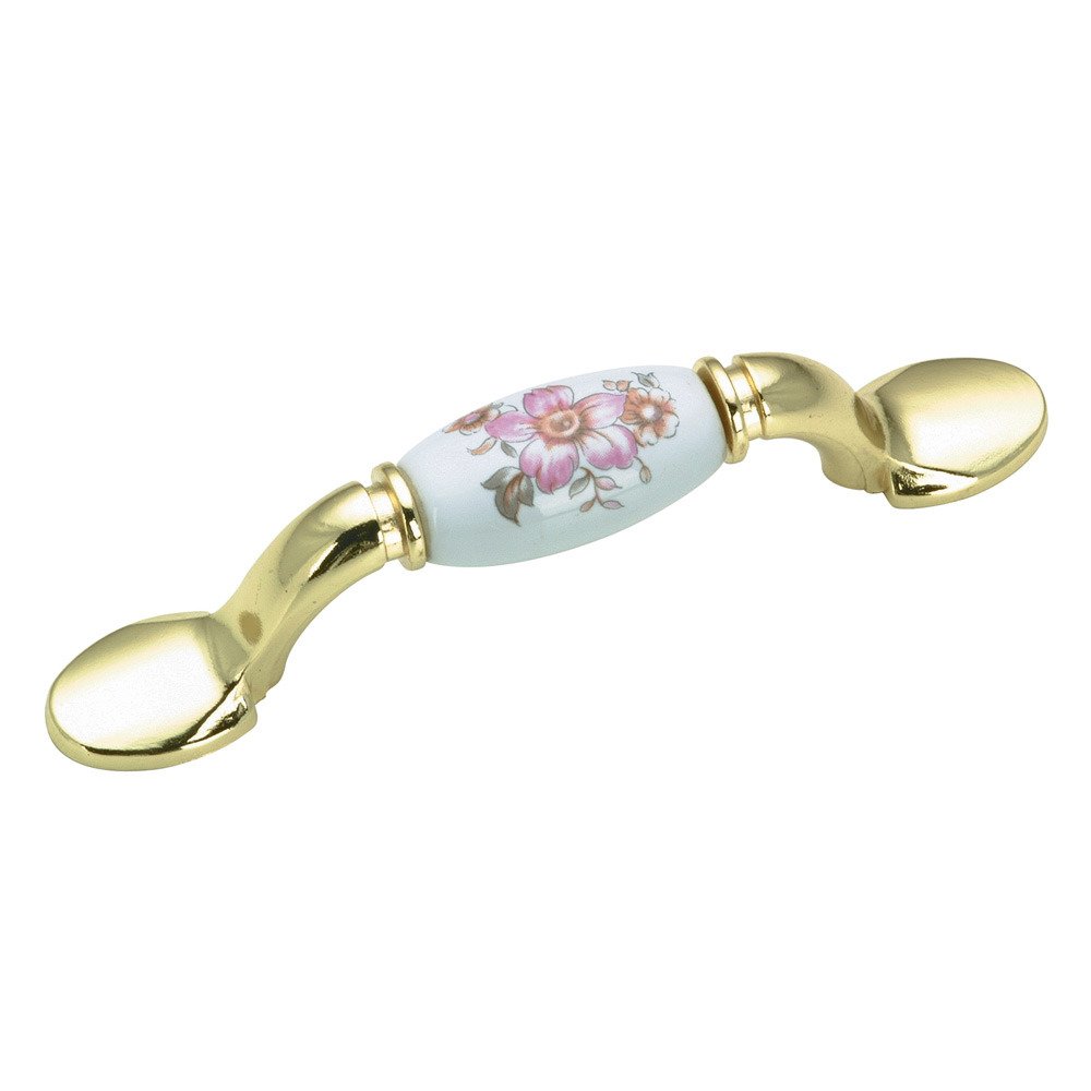 3" Centers Bow Pull with Floral Painted Ceramic Insert in Brass and Daisy