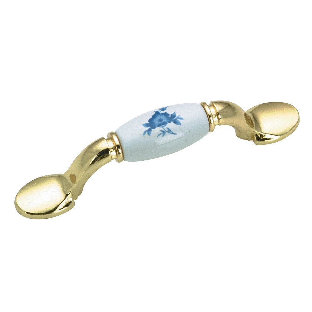 3" Centers Bow Pull with Floral Painted Ceramic Insert in Brass and Blue Flower