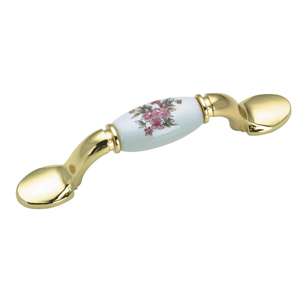 3" Centers Bow Pull with Floral Painted Ceramic Insert in Brass and Wild Flower