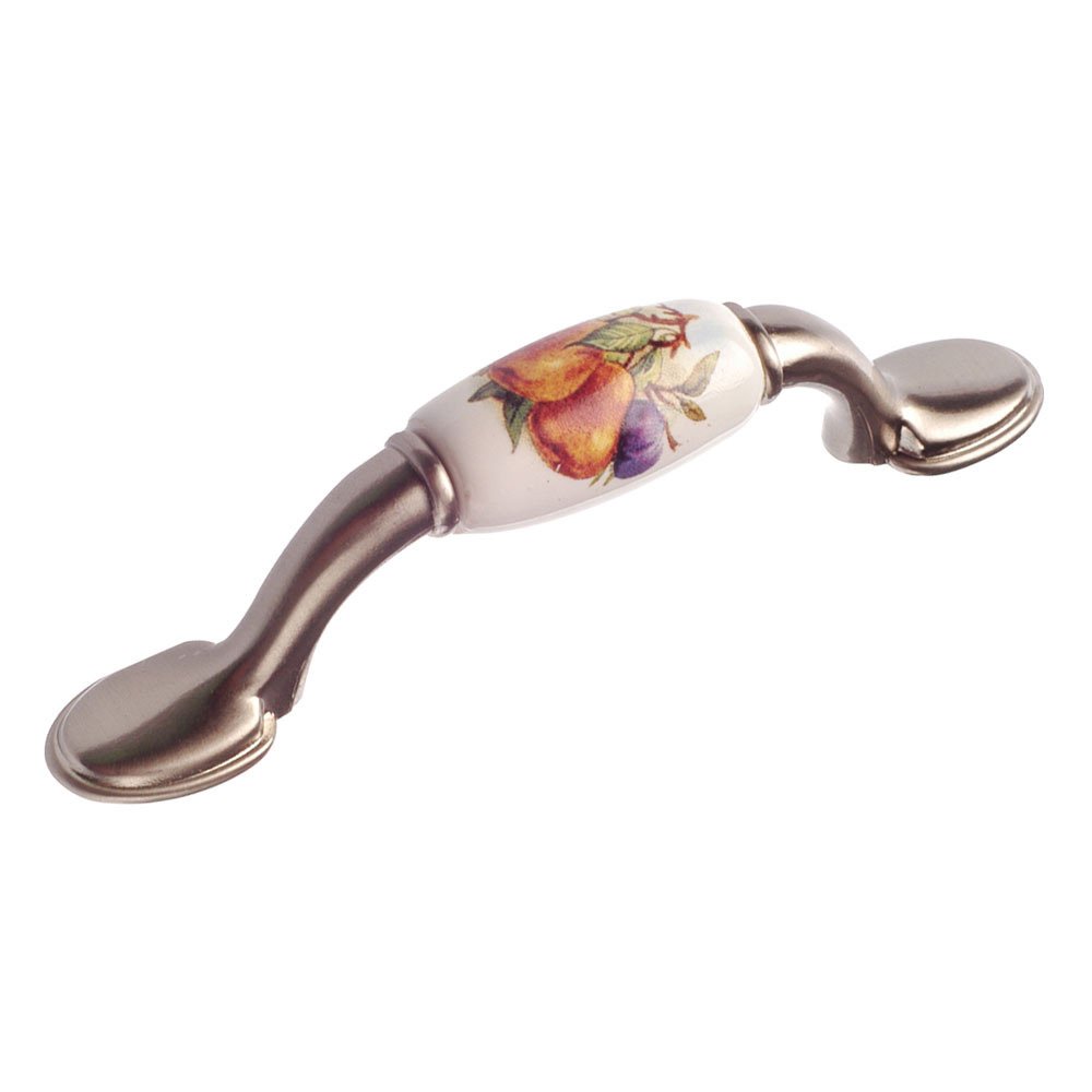 3" Centers Ceramic Inlayed Bow Pull in Brushed Nickel, Plum and Pear