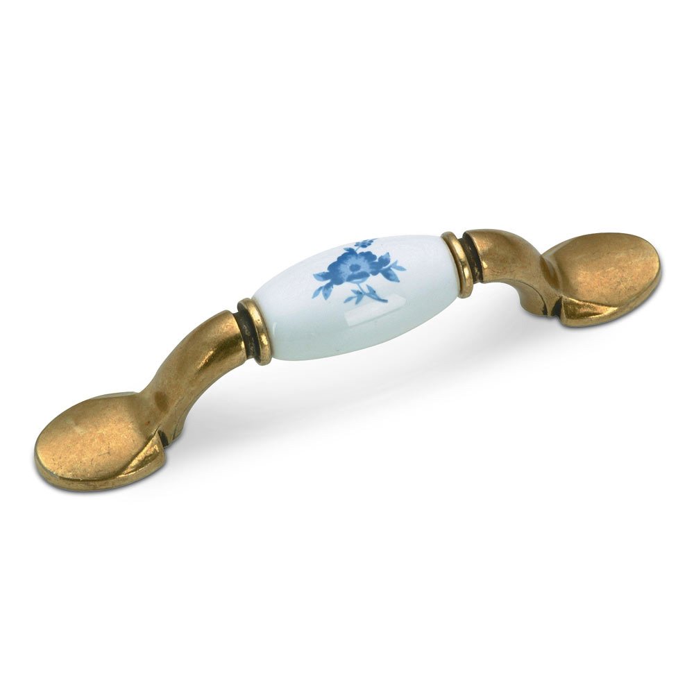 3" Centers Ceramic Inlayed Bow Pull in Burnished Brass and Blue Flower