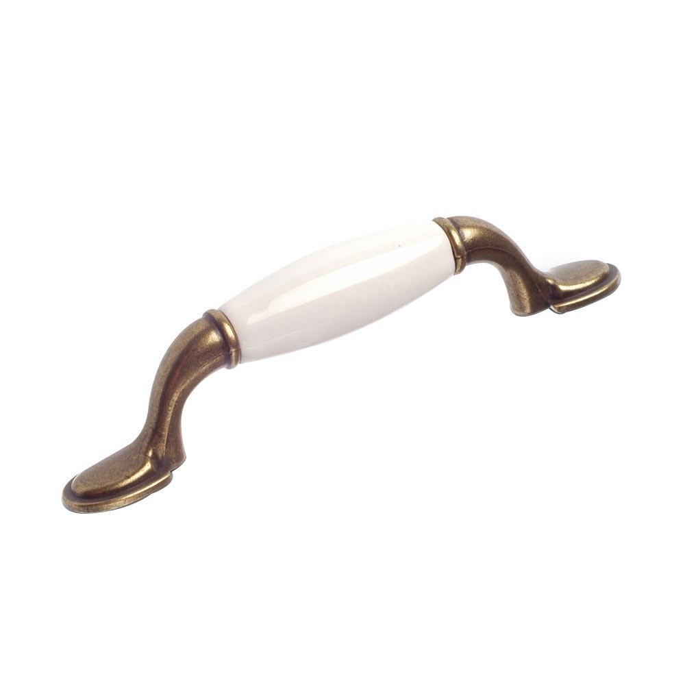 3 3/4" Centers Bow Pull with Ceramic Insert in Burnished Brass and White
