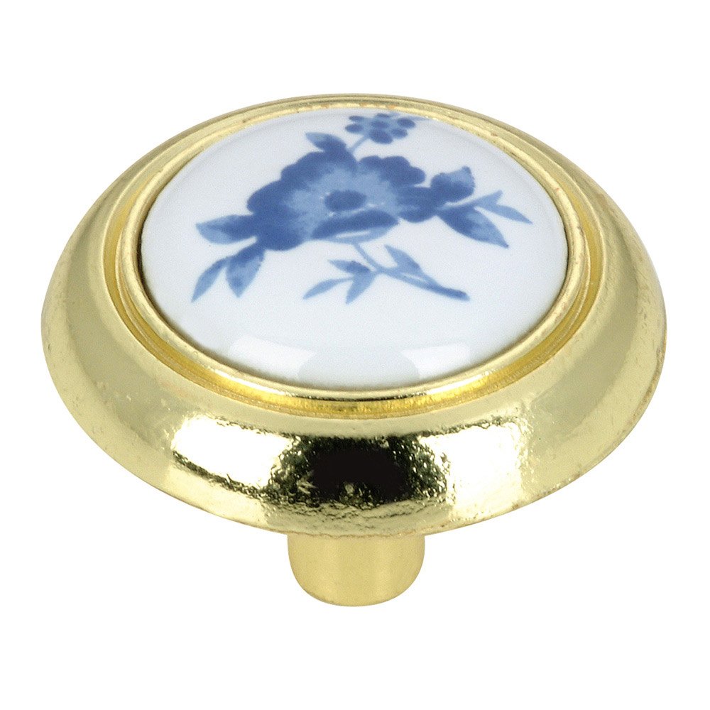 1 1/4" Diameter Knob with Floral Painted Ceramic Insert in Brass and Blue Flower