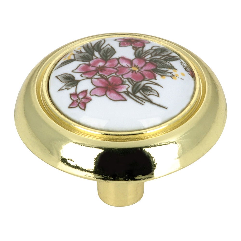 1 1/4" Diameter Knob with Floral Painted Ceramic Insert in Brass and Wild Flower