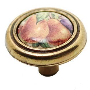 Ceramic 1 1/4" Diameter Inset Knob in Burnished Brass, Plum and Pear