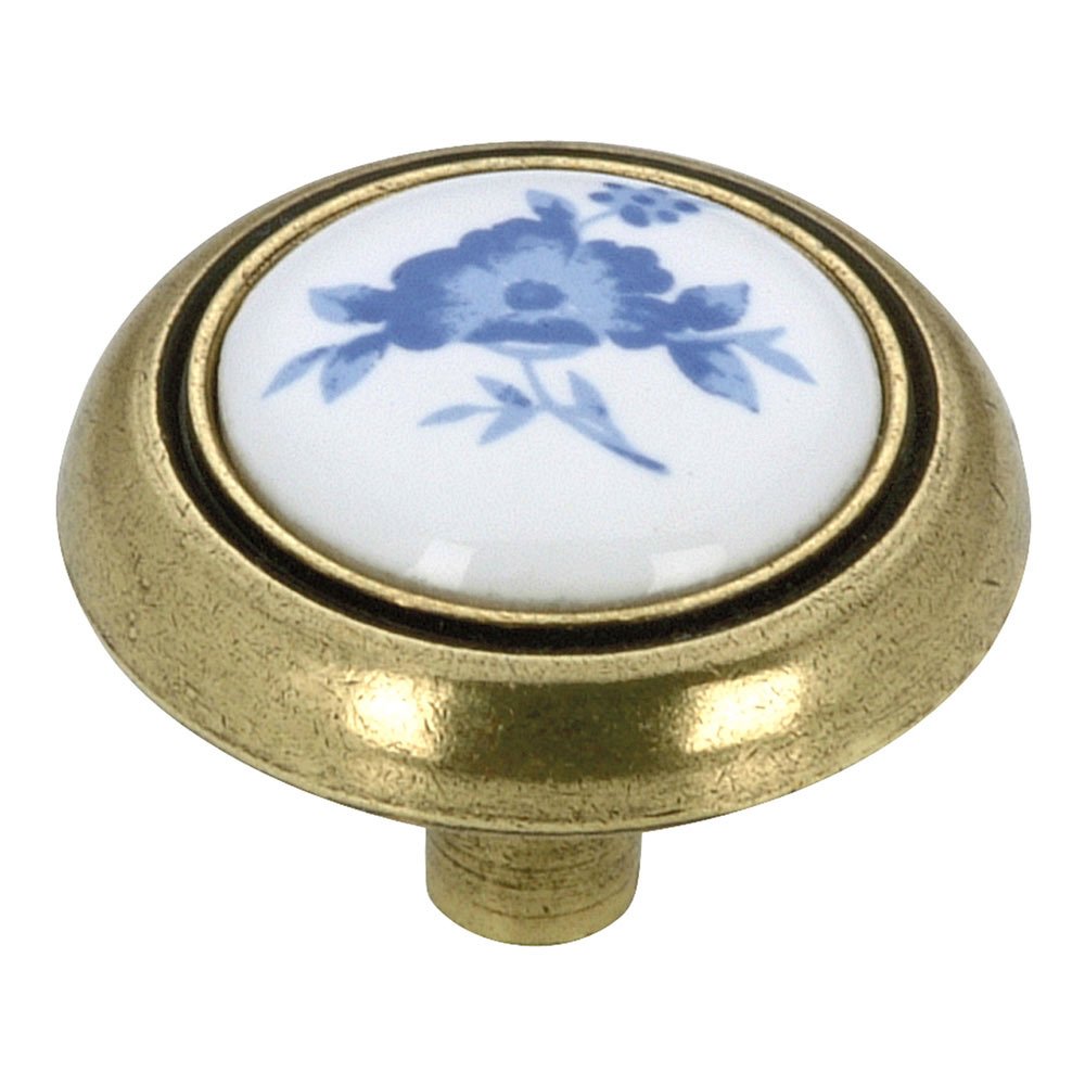 Ceramic 1 1/4" Diameter Inset Knob in Burnished Brass and Blue Flower