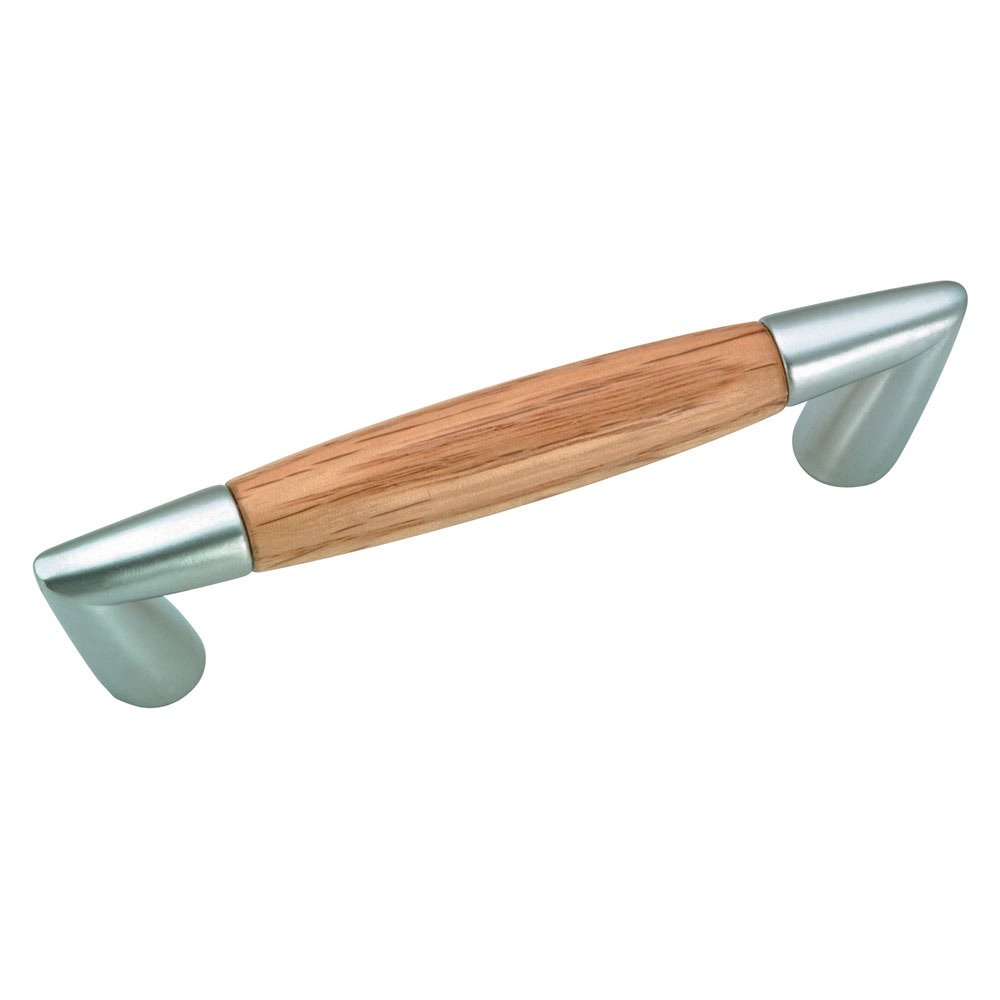 3 3/4" Centers Modern Wood Handle in Brushed Nickel and Oak Natural