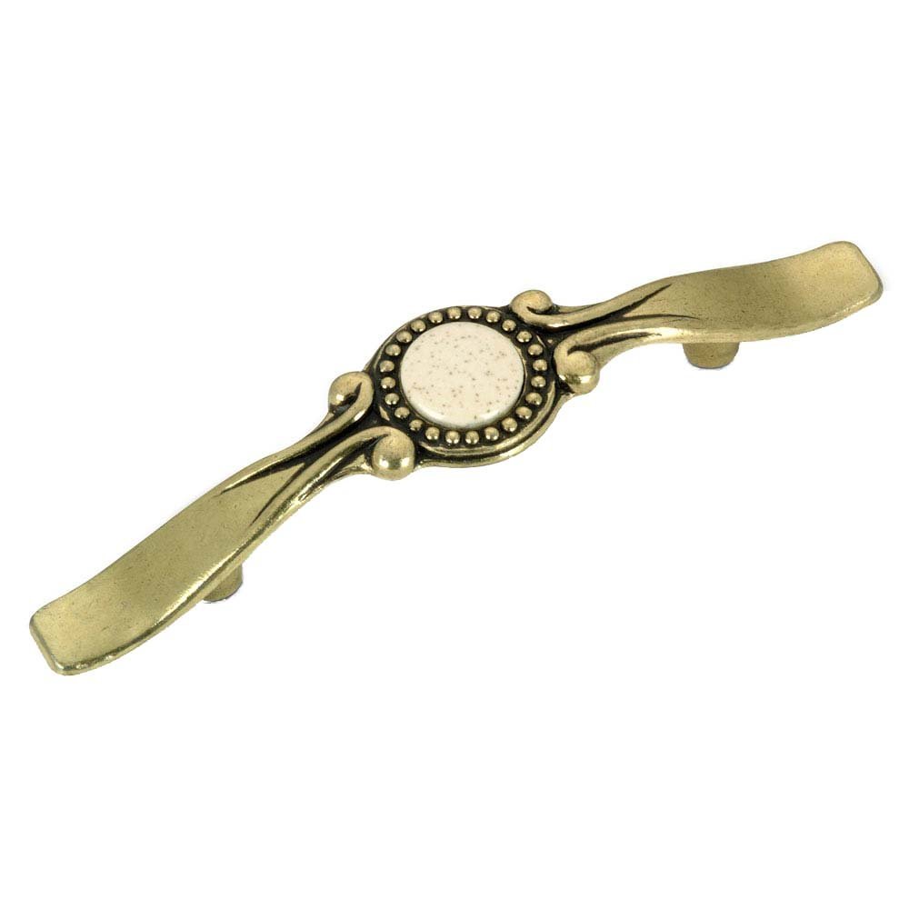 3" Centers Ceramic Inlayed Pull with Embossed Beads in Burnished Brass